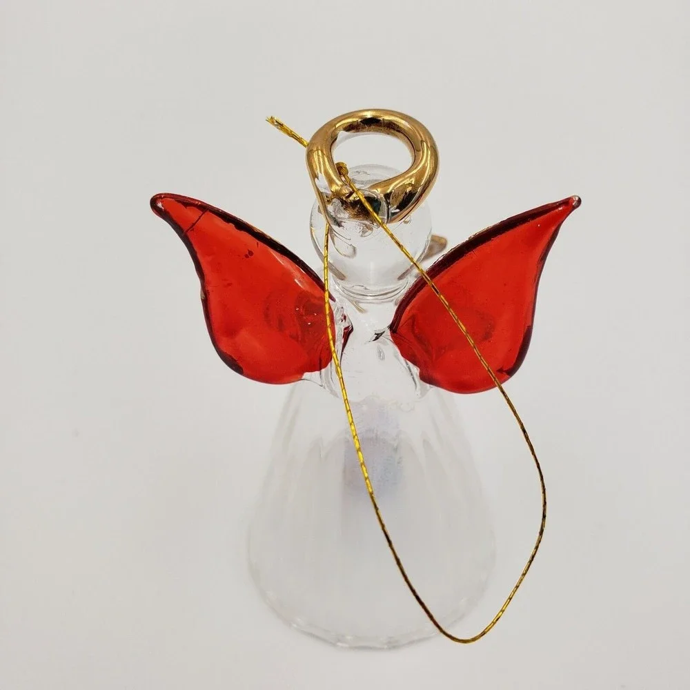 Vintage Glass Angel Ornament Clear Iridescent Body Red & Gold Wings‎ 2.5